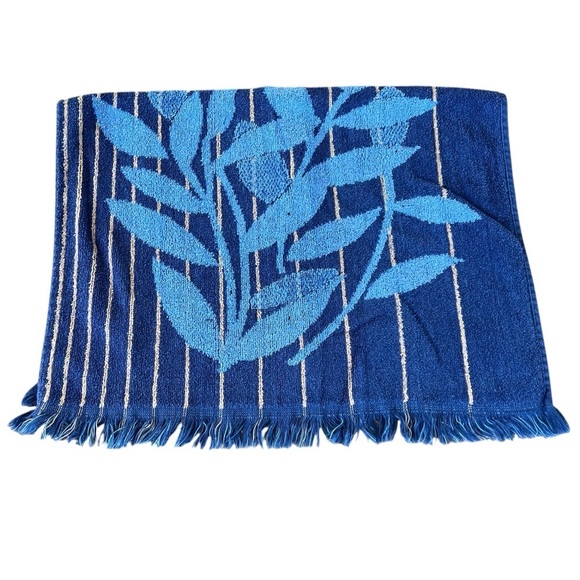 VTG Cannon Monticello Striped Leaf 2-Piece Bath Towel Set Blue MCM Retro USA GUC - Picture 5 of 10